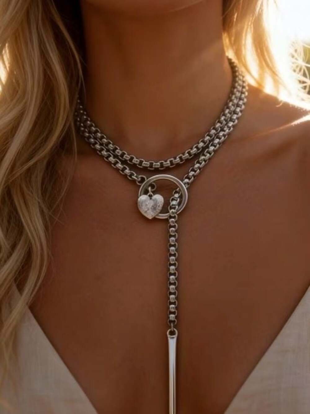 Double-Layer Silver Chain Necklace with Heart Lariat